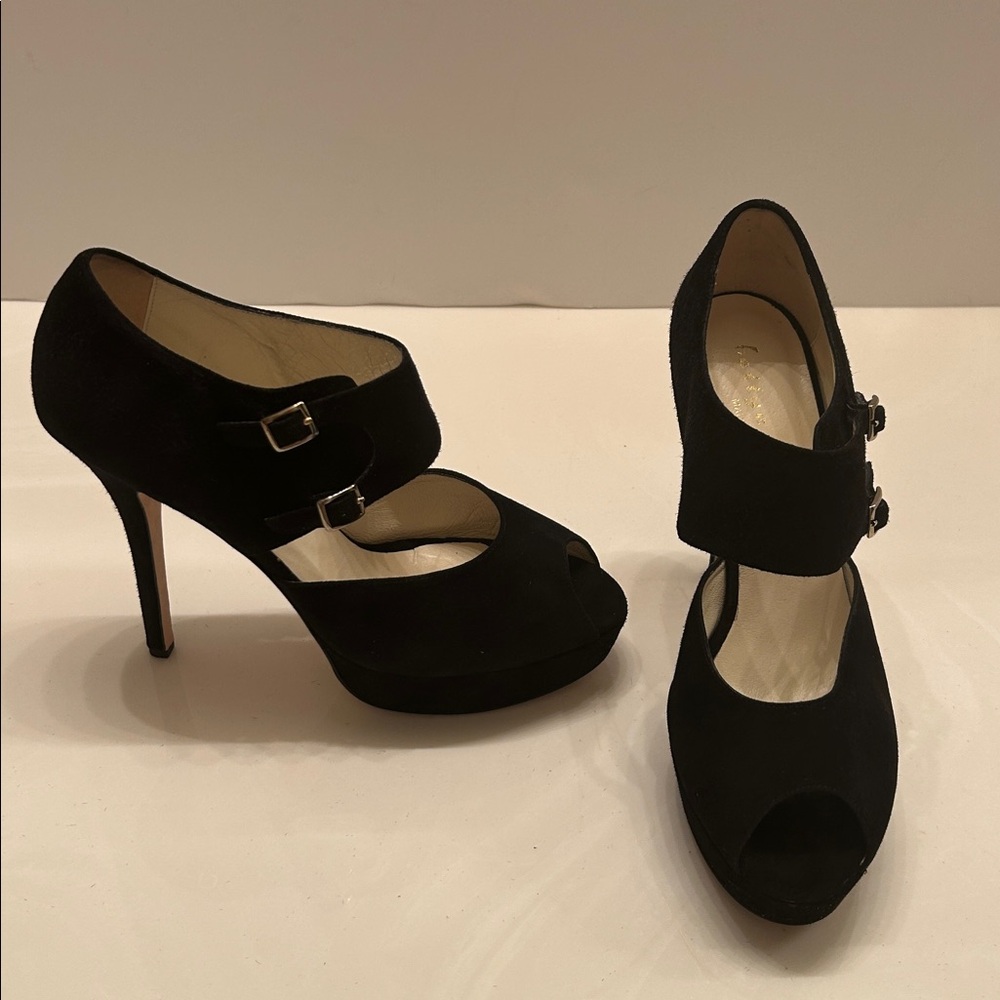 Bettye Muller Black Suede Peep Toe Double-Strap Heels. US Size 8.5, European 39.